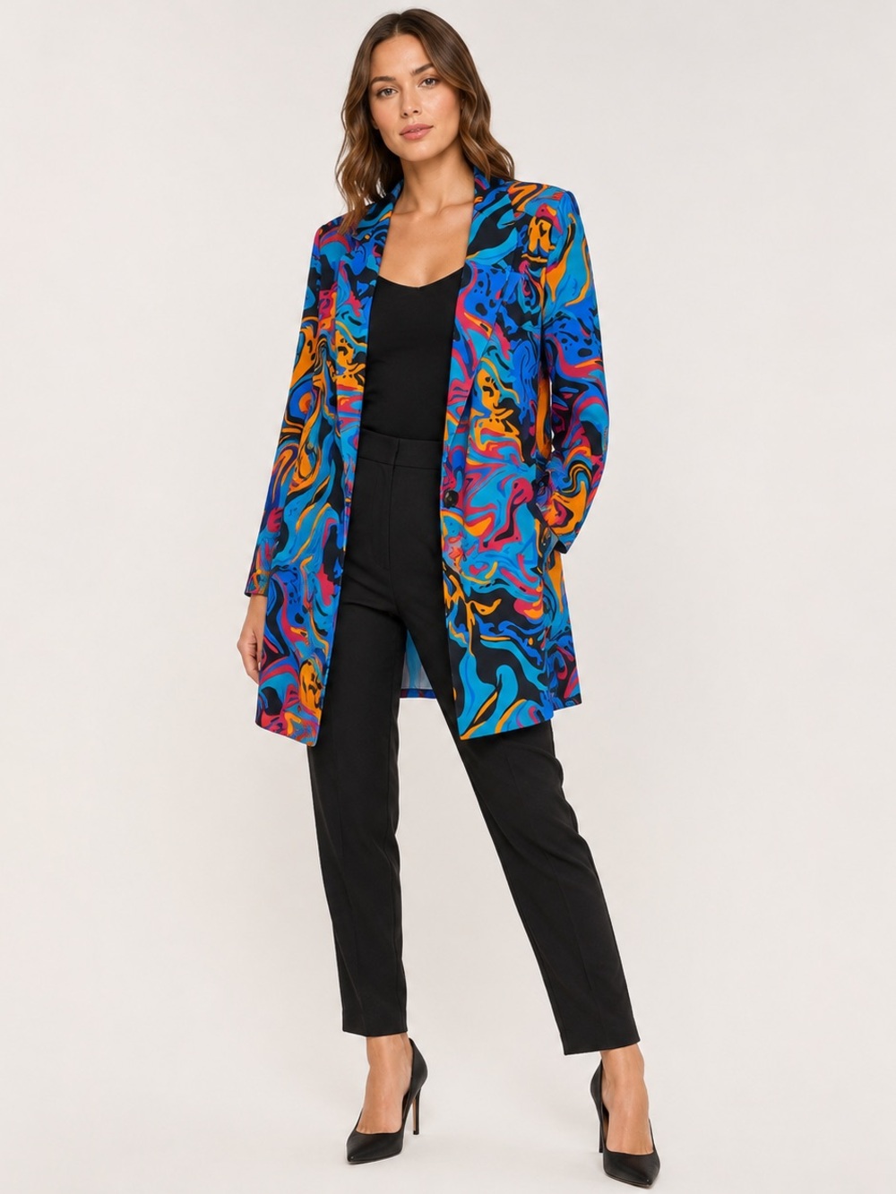 SHEIN Women’s Multicolor Abstract Swirl Print Long Blazer Statement Jacket, xl